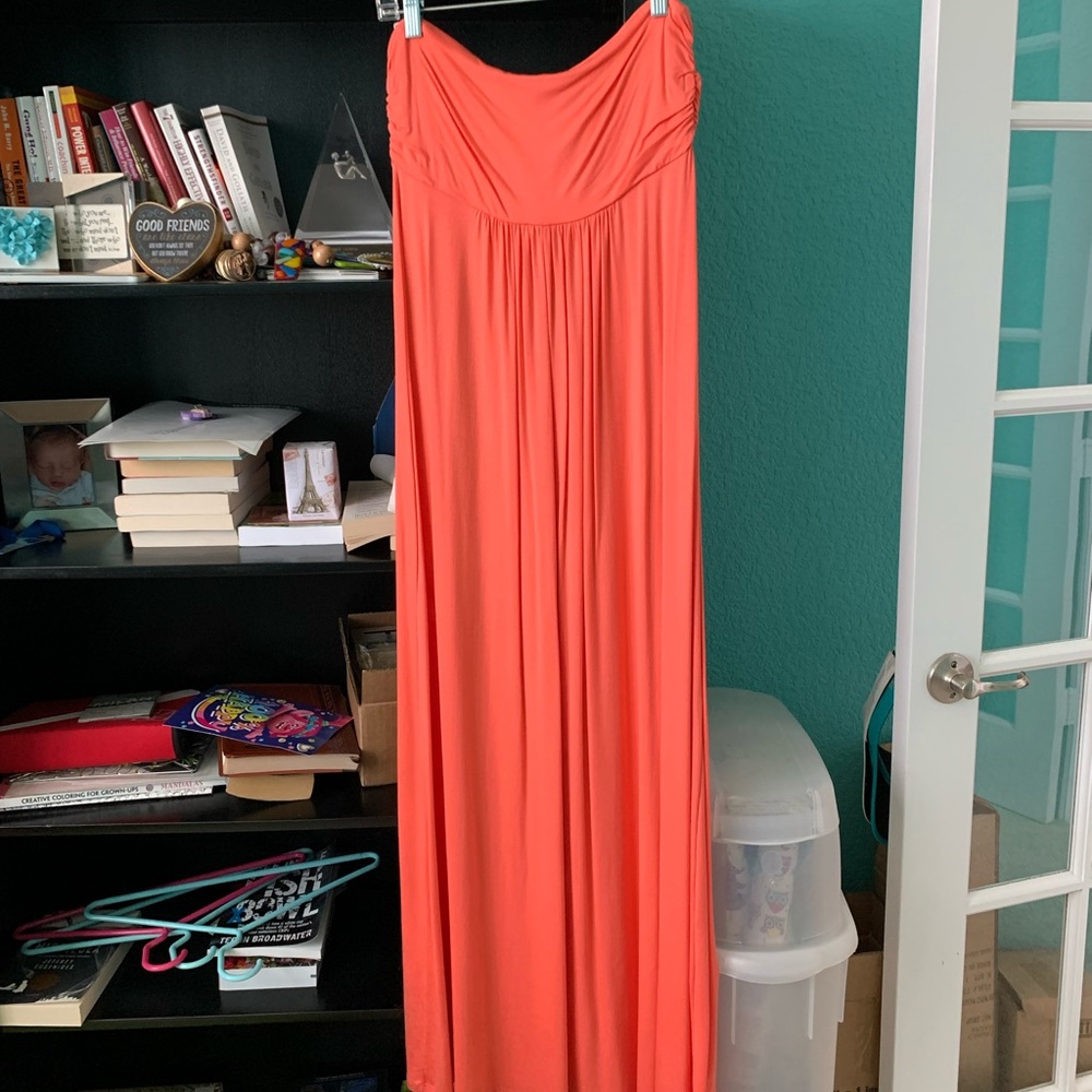 Gorgeous coral strapless maxi dress by Lani